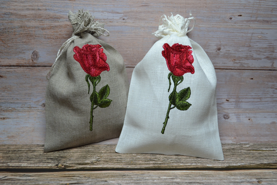 Gray White Natural Linen Gift Herb Present Wedding Bag With Rose Embroidery