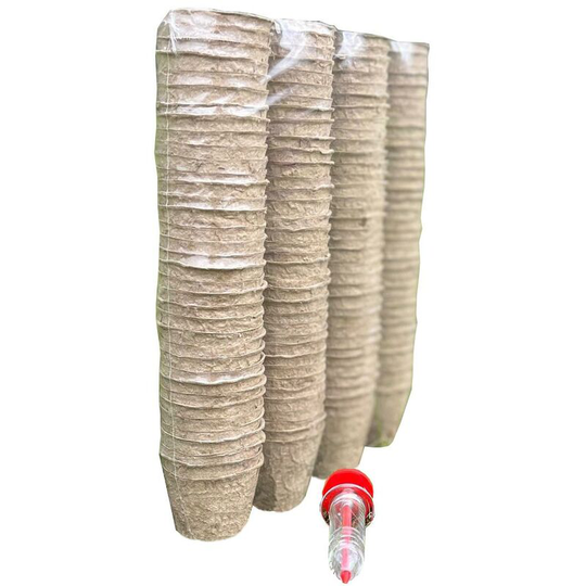 Selections - 144 x 5cm Round Fibre Biodegradable Plant Pots & Handheld Seed Dispenser