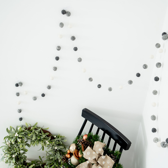 Grey Pom Felt Ball Garland | Seasonal & White Pom Staircase Bunting Festive Decor