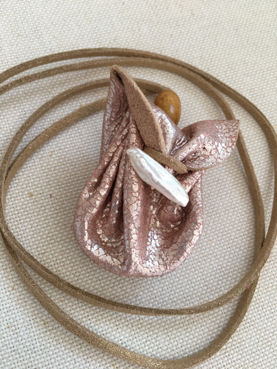 Leather Pouch Necklace. Metallic Rose Gold Leather Pendant. Medicine Pouch. Trinket Crystal Keeper