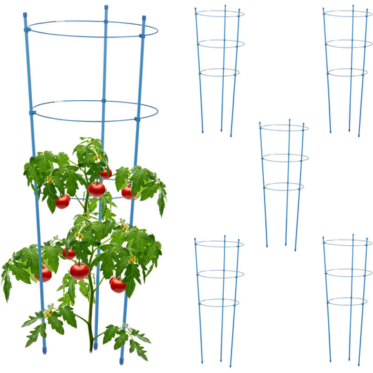 Climbing Aid Set of 6, Metal & Plastic, 76 cm, 3 Adjustable Rings, Trellis Frame Vines Garden Plants, Blue - Relaxdays