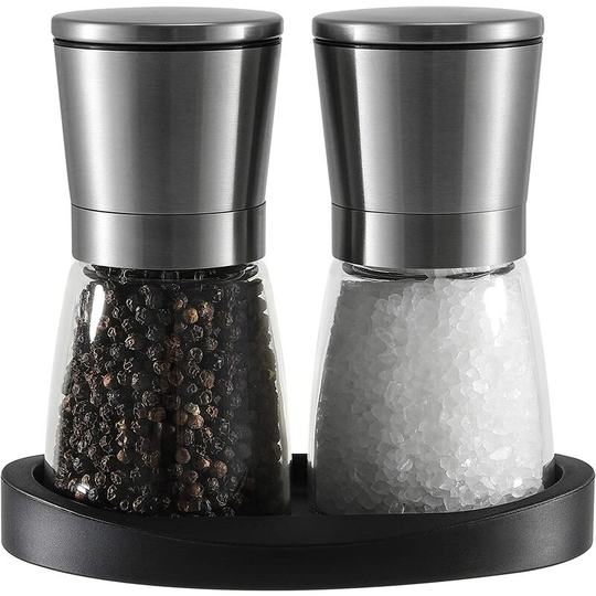 Salt and Pepper Mill Set, Ceramic, Adjustable, Stainless Steel, with Rubber Holder for Grinding Pepper, Kitchen