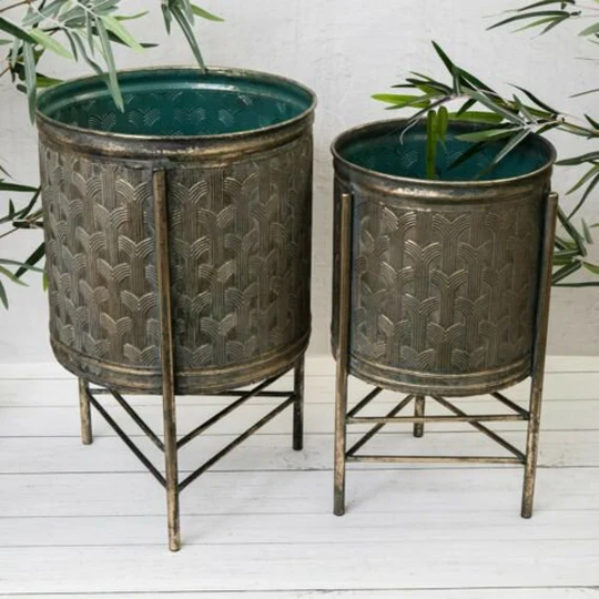 Large Gold Metal Decorative House Plant Flowerpot On Stand Legs Indoor Planter