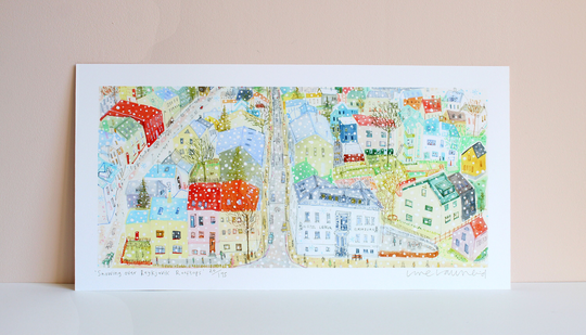 Snowy Reykjavik Rooftops Iceland Art, Reykjavik Christmas, Watercolor Painting, Colourful Houses, Holiday Season, Print
