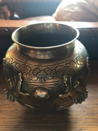 Antique Brass Signed Chinese Dragon Bowl, Jardiniere, Planter. Incense Jar