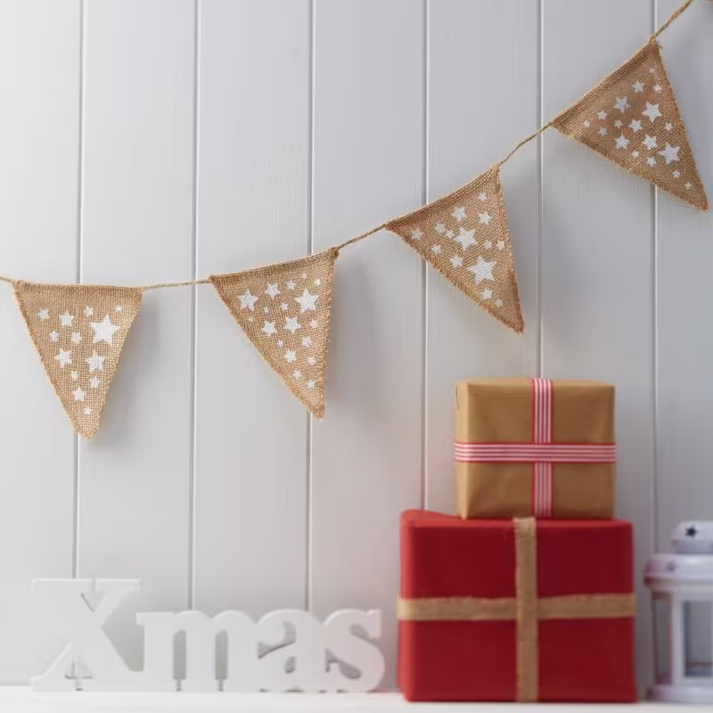Hessian Burlap Star Christmas Bunting, Vintage Christmas, Rustic Garland, Holiday Season Decor, Farmhouse