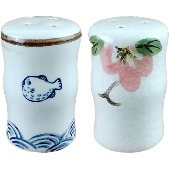 Fvbjd - Kitchen seasoning jar salt chili powder jar ceramic with hole pepper chicken powder bottle sprinkler (Blowfish)+(Peony)