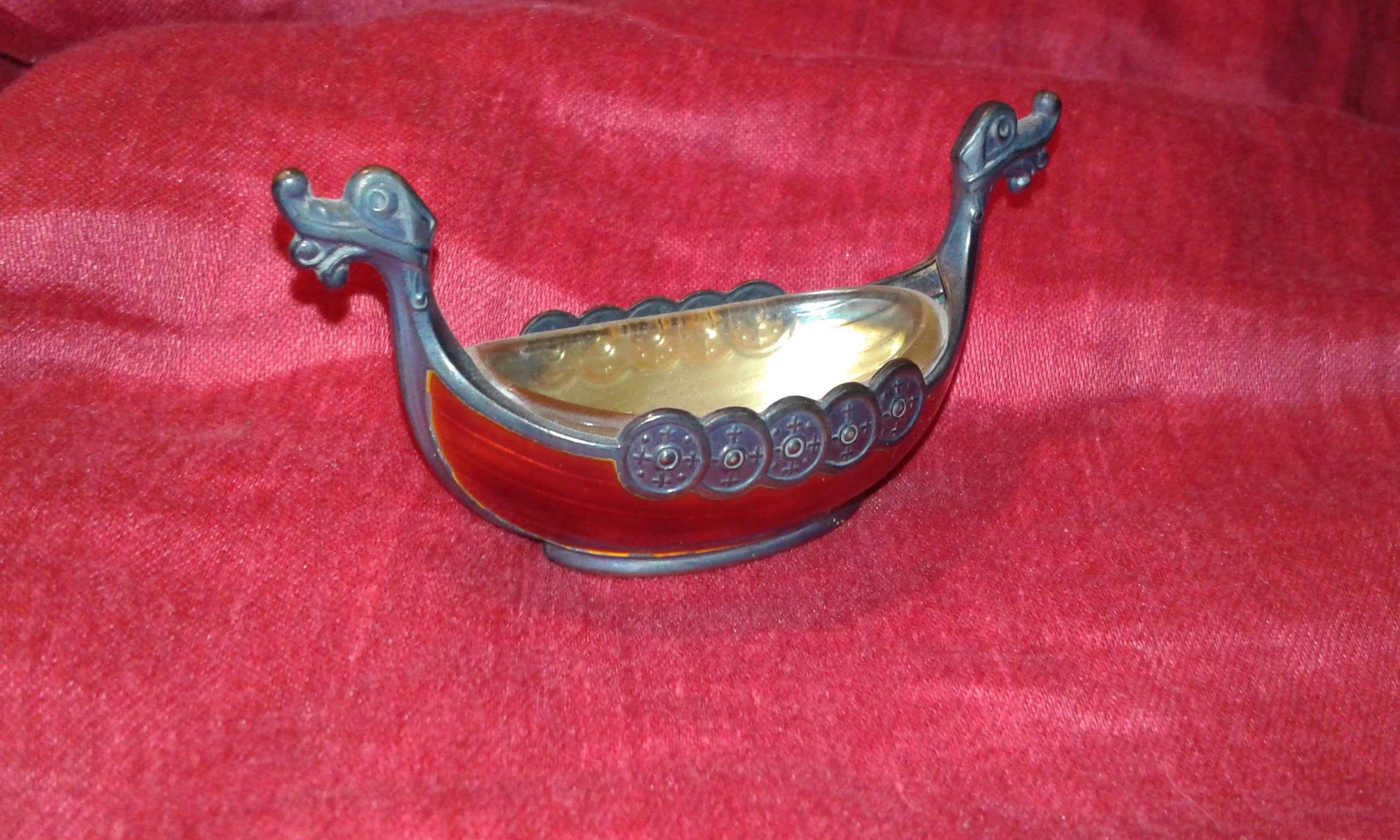 Solid Silver Gold Gilt & Red Enamel Norwegian Viking Boat Salt Holder Culinary Art Tableware Handmade Designer Kitchenware Serving Ware