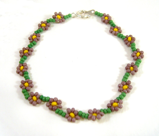 Beaded Flower Bracelet Purple Seed Bead Bracelet, Daisy Chain Floral Jewelry, UK