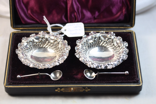 Antique Silver Salts Pair With Condiment Spoons