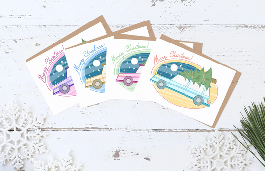 Retro Christmas Tree With Car Card Set Of 8. On Driving Home For Christmas. Pink, Blue, Yellow, Green Seasons Greetings