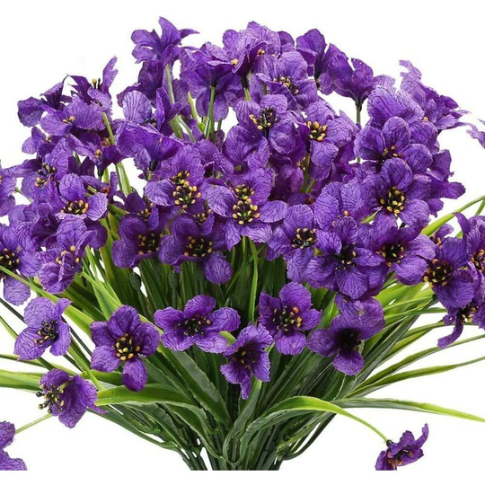 Soekavia - Faux Violet Flowers uv Resistant Fake Flowers 6-Pack Colorfast Faux Plastic Plant Shrub Greenery for Indoor and Outdoor Hanging Planters