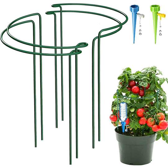Aougo - 4 Pack Half Round Garden Plant Support Stakes, Arch Type Metal Flower Ring Cage with 2 Self Watering Stakes for Peonies, Hydrangeas,