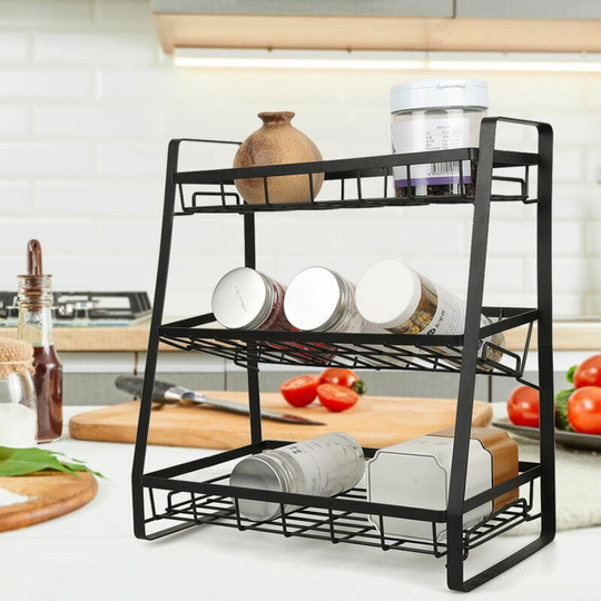 Tier Kitchen Spice Rack - Stainless Steel Kitchen Spice Rack - Black Spice and Herb Rack - Ideal for Cabinets, Countertops and Cupboards