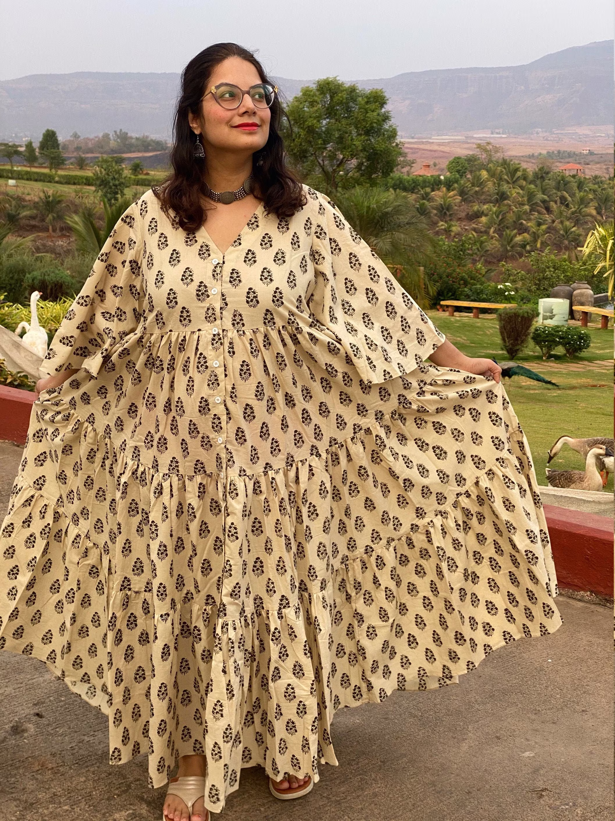 Organic Tiered Dress - Hand-Blocked Ivory Black Leafy Motif Front Buttoned Tier Dress Cotton Maxi