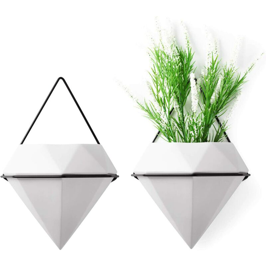 Ceramic Wall Planter Wall Plant Holder Flower Pots Set of 2 - White Diamond Shape, Hexagonal Hanging Pot for Aloe Grass Orchid Wedding Decoration
