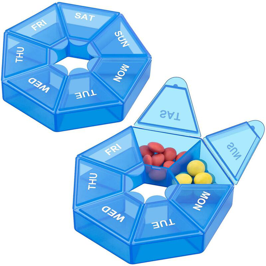 2 Pack Portable Travel Pill Box with Medicine Dispenser 8 Colors (Seven Days) New Edition (Blue)