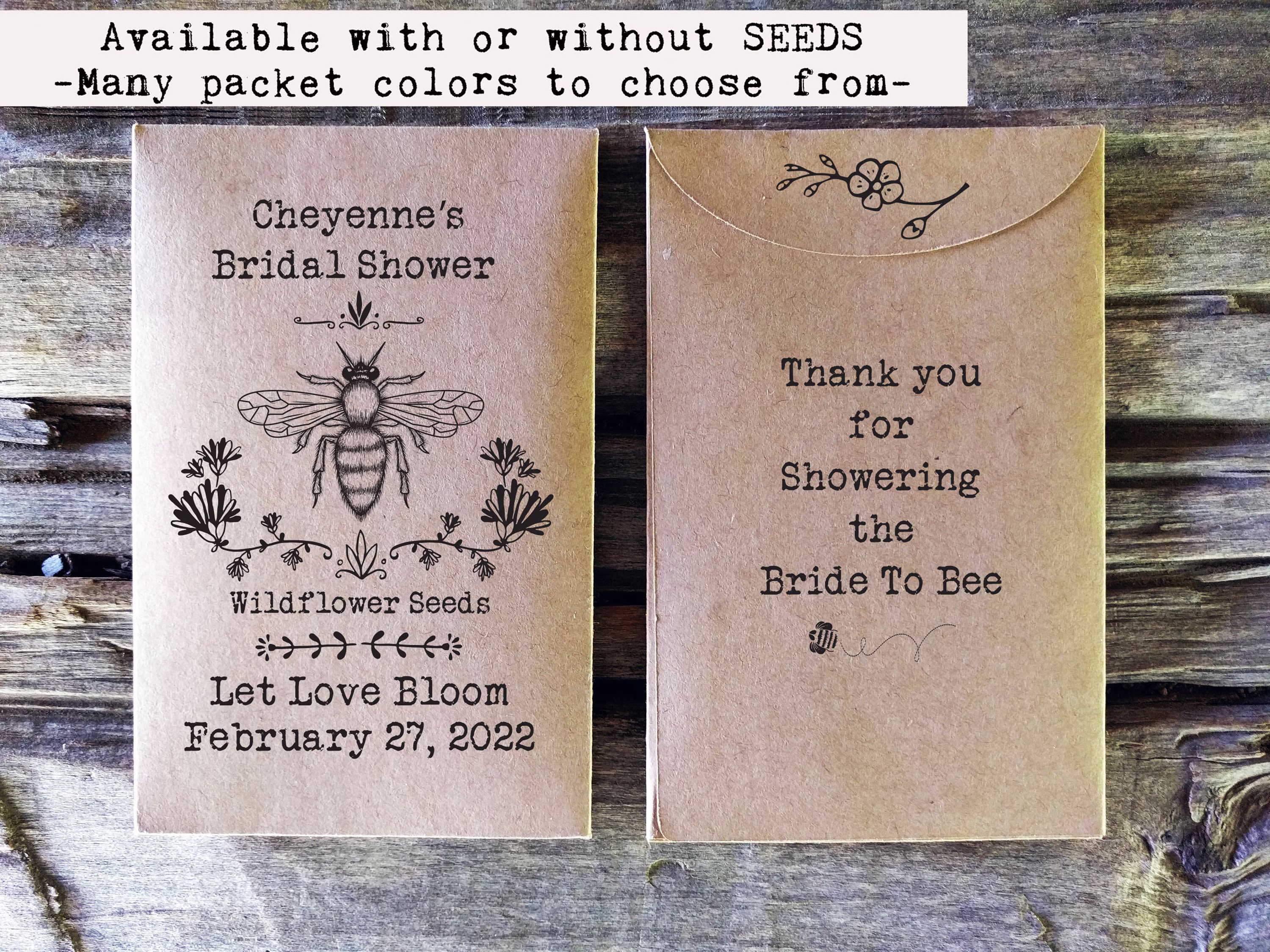 Bee Eco Friendly Custom Seed Packet Wedding Bridal Shower Favors, Personalized Rustic Country Bride To Bee Favors