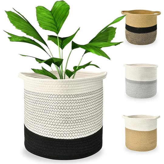 Modou - 1 Woven Cotton Rope Plant Basket 24 x 24 cm for Decorating Rooms and Planters, Storing Toys and Clothes | Nordic style (black and white, m)