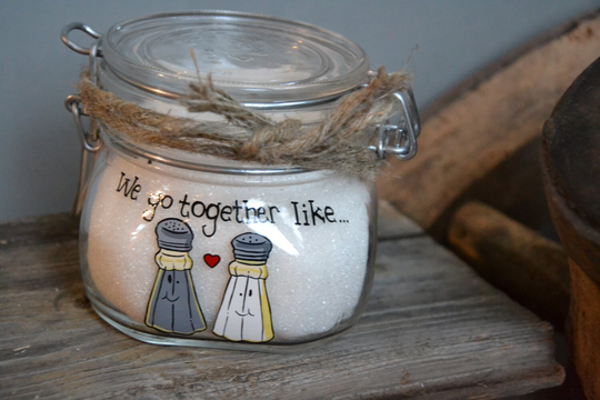 Hand Painted Storage Glass Jar Wedding Favor Gift For Lovers in Or Anniversary Like Salt & Pepper