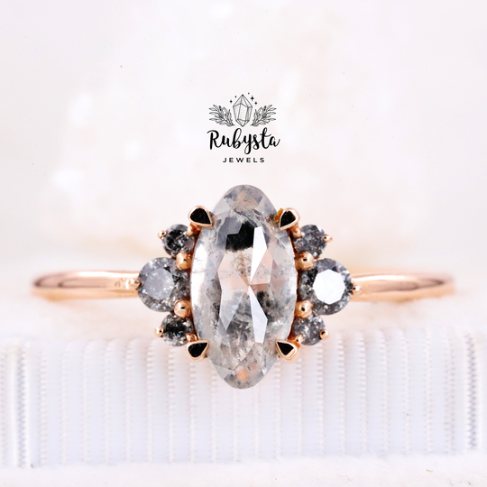 Salt & Pepper Diamond Ring | Engagement Marquise 14K Gold Art Deco Natural