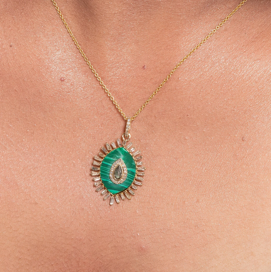 14K Gold Pendant/Malachite Evil Eye/Salt & Pepper Diamond/Handmade Fine Jewelry/Gift For Daughter/Malachite Necklace