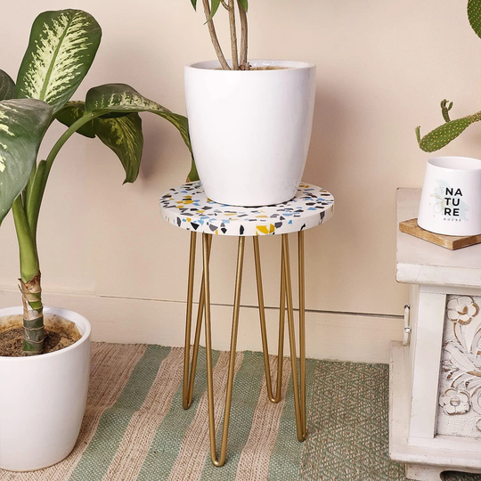 Terrazzo Speckled Garden Table With Metal Hairpin Legs Plant Stand | Accent Wood Stool Side For Living Room | H-16 X D-10