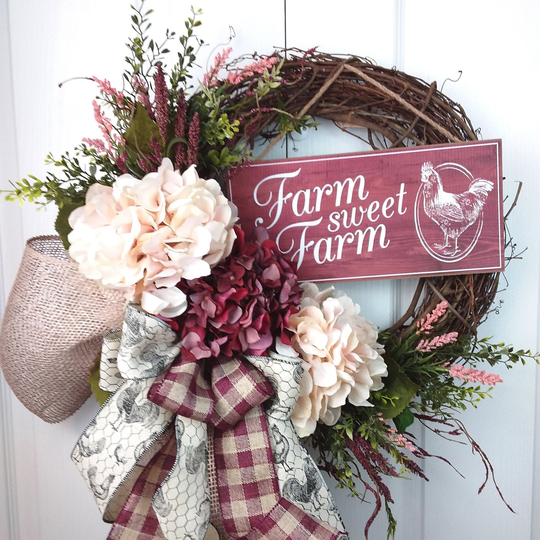 Front Door Wreath, Country Farmhouse Grapevine Three Season Unique Housewarming Gift, Inside Decor