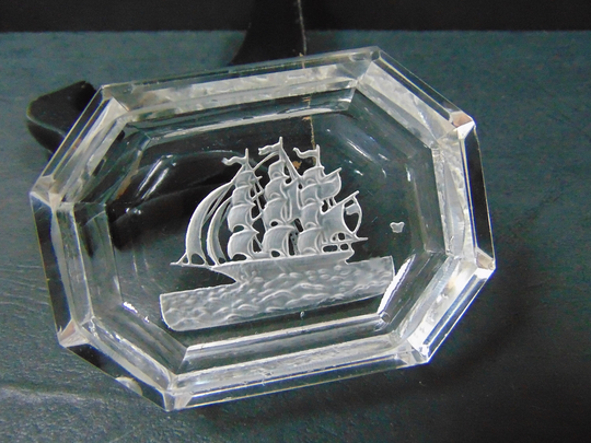 Open Table Salt Heinrich Hoffmann Intaglio Carved Art Glass Sailing Ship Design Vintage Tableware