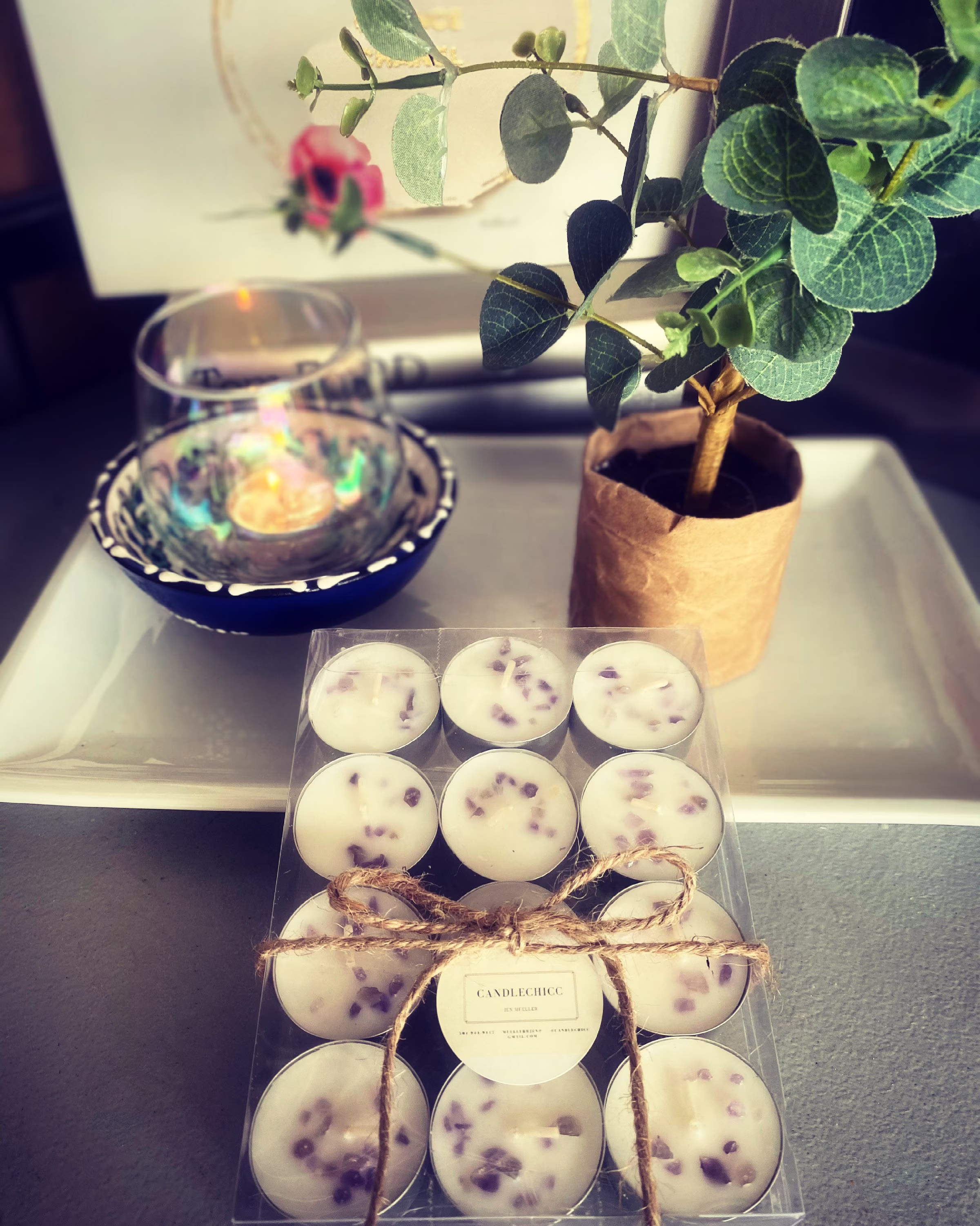 Tranquility Candles. Amethyst Crystal & Herb Tea Light Handmade Long Burning Lights. Chic Home Decor. Warm Accents