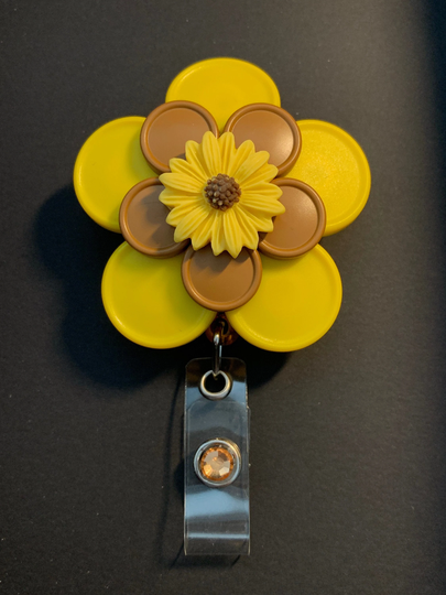 Limited Edition 10 Petal Yellow & Brown Cabachon Flower Med Cap Vial Badge Reel