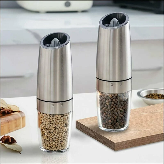 Set of 2 Electric Salt and Pepper Mills with Automatic Gravity Switch with Blue Light - Stainless Steel