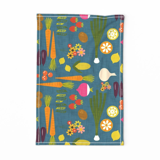 Mod Garden Tea Towel - Vegetable Herb By Bruxamagica Dark Slate Blue Midcentury Modern Linen Cotton Canvas Spoonflower