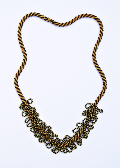 Retro Orange & Black Woven Seed Bead Necklace // 1960's Vintage Ladies Costume Jewellery Unusual Flouncy