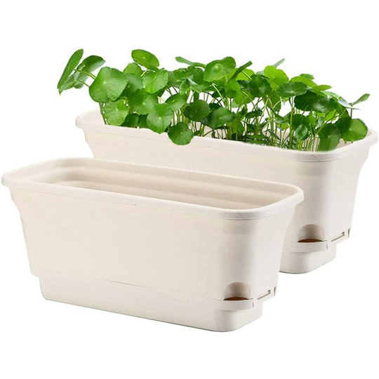 40CM Self-Watering Plant Pot Rectangular Plastic Planters, Modern Decorative Flower Pot for All Plants, Flowers, Herbs - Beige, Set of 2