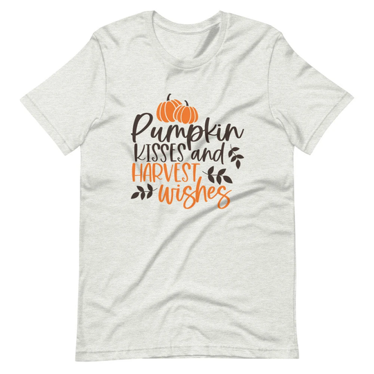 Pumpkin Kisses & Harvest Wishes Short-Sleeve Unisex T-Shirt, Fall T-Shirts, Graphic Seasonal T-Shirts