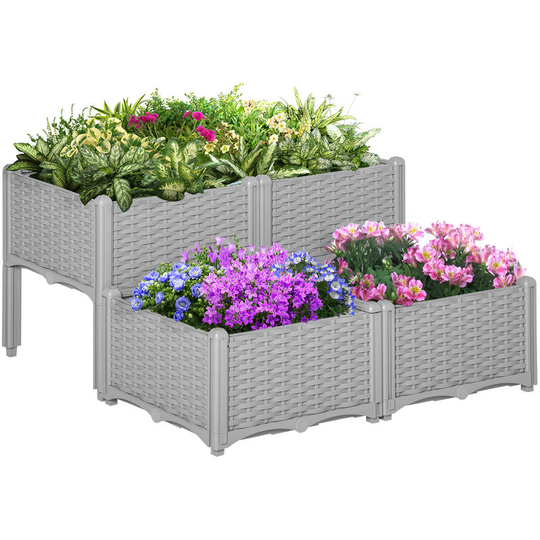 4-pieces Elevated Flower Bed Vegetable Herb Planter Plastic, Grey - Grey - Outsunny