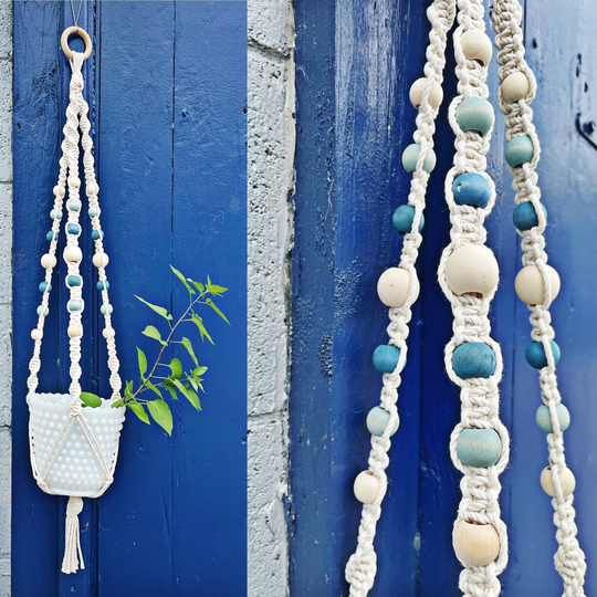 Beaded Plant Hanger || Natural Cotton Cord & Blue Wooden Beads Macrame Hanging Planter 35 Inches Long