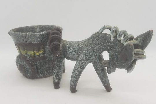 Italian Redware Clay Donkey Pulling Cart Cactus Planter Coiled Mane & Tail