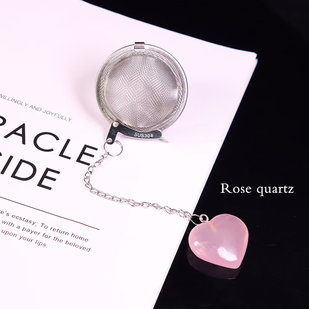 Heart Shaped Rose Quartz Crystal Tea Filter - Reusable Loose Leaf Ball Infuser Stainless Steel Strainer