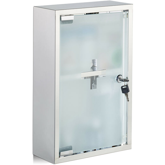 Stainless Steel Cabinet, Glass Door, 2 Compartments, Lockable, Home Pharmacy, Shiny, hwd: 40x25x11cm, Silver - Relaxdays