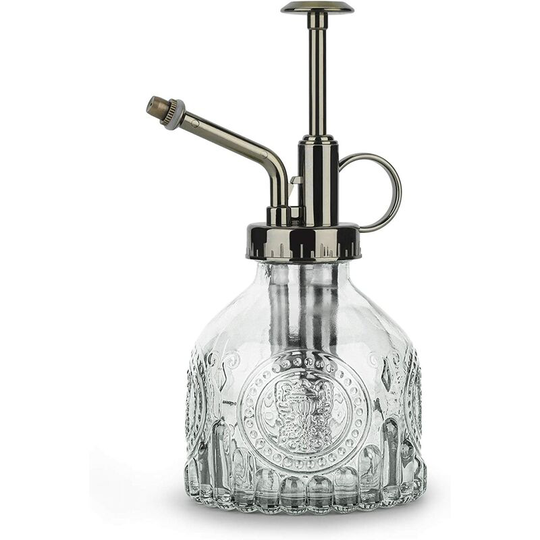 Glass Spray Bottle, 6.5' Tall Vintage Watering Can with Top Pump, Leak-Proof High Atomizing Nozzle for Flower Garden Plants, Cleaning Solutions