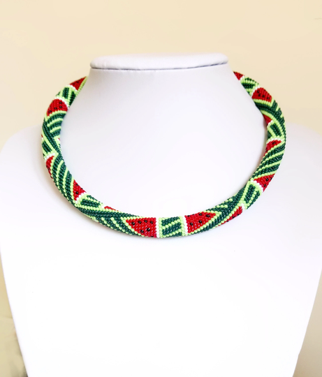 Watermelon Seed Bead Crochet Necklace, Colorful Summer Necklace For Women