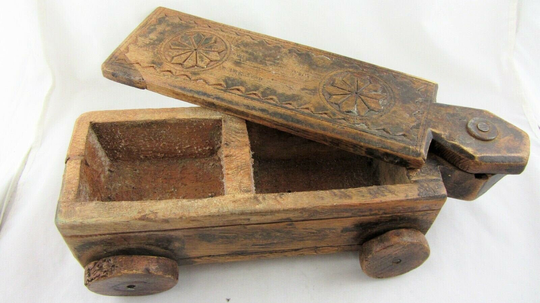 Antique Carved Scandinavian Table Salt Box Wooden On Wheels Treen