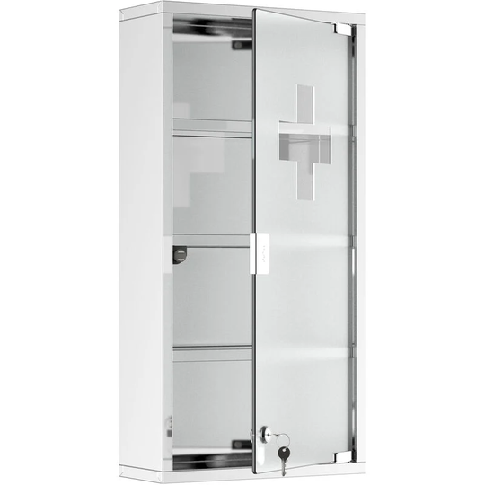 4 Tier Stainless Steel Wall Mounted Medicine Cabinet Glass Lockable Door Storage Shelves Houseware Bathroom Furniture 60Hx30Wx12D(cm) w/2 Keys