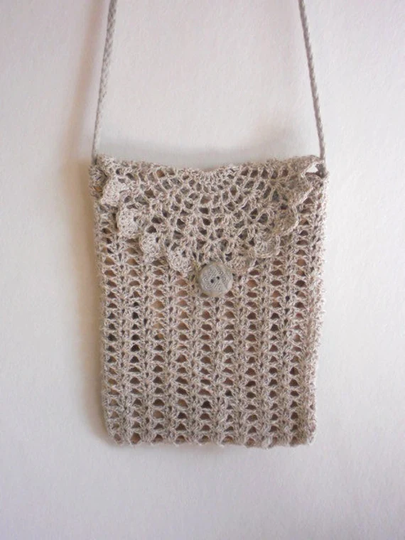 Travel Wallet Purse, Crochet Lace Natural Beige Gray Linen Shoulder Bag With Long Strap, Gift For Grandmother, Womens Accessory