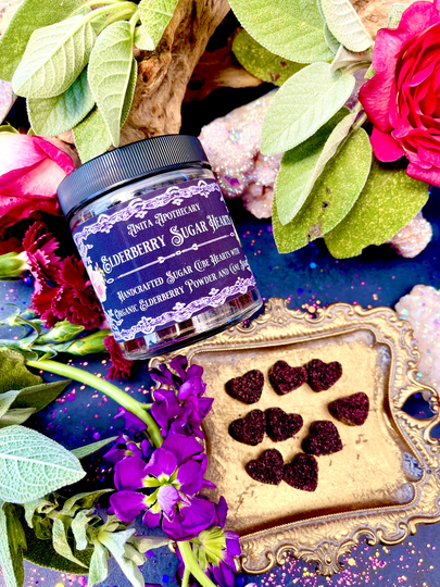 Elderberry Sugar Hearts ~ Anita Apothecary, Elderberries, Dried Raw Elderberries, Cubes, Witch Brew, Witches Tea