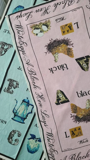 White Eggs Pink & Aqua Unique Rare Vintage Signed Luther Travis Kitchen Or Tea Towels, Illustrated Alphabet