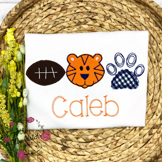 Boy Football Shirt - Season Orange & Navy Blue Tiger Applique Embroidery