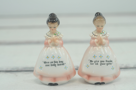 Vintage Enesco Salt Pepper Shakers Praying Girl Give Us This Day Our Daily Bread Collectible Porcelain Made in Japan